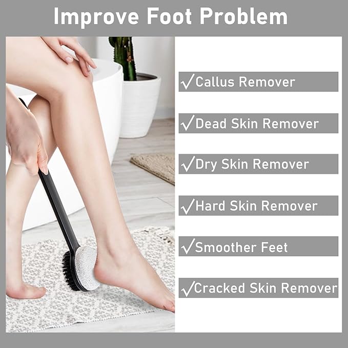 Pumice Stone for Feet and Shower Brush with Long Handle 14", Hard Skin Callus Remover, 2 in 1 Foot Scrubber Brush, Back Scrubber Body Brush for Shower Deep Cleansing and Exfoliating (Straight)