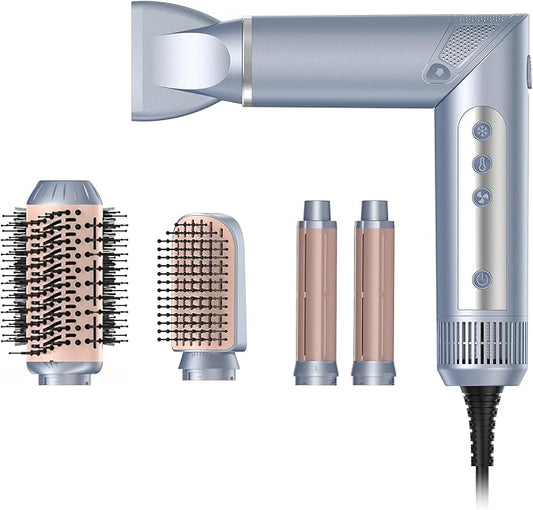 Hot Air Multi-Styler - 5 in 1 Professional Hair Wrap Styler Set with Air Curlers, Hair Dryer Brush, Straightener, Concentrator for Fast Drying Curling Straightening, Travel Case Included