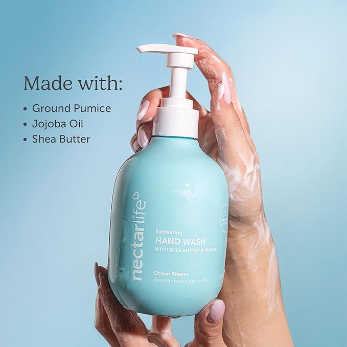 Nectar Life Exfoliating & Moisturizing Hand Wash 3-Pack, Volcanic Pumice for Hand Scrub, Shea Butter Softens Hands, Clean Vegan Ingredients, Ocean Breeze Scent