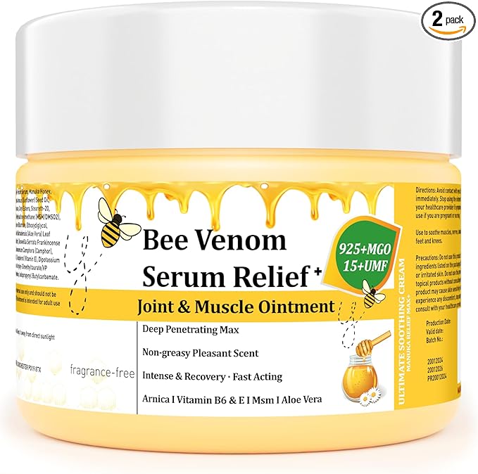 Natural Organic NZL Bee Venom Professional Serum Care, Joint & Muscle & Bone Cream Gel - for Back, Neck, Hand, Foot, Knee, Muscle, Shoulder, Hip, Nerve, Vitamin B6, Aloe Vera, Adult, Elderly