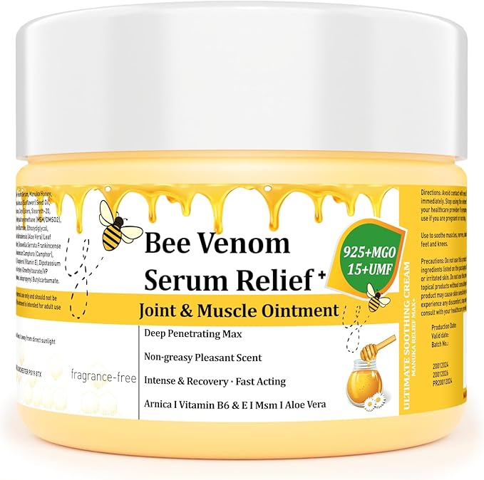 Natural Organic NZL Bee Venom Professional Serum Care, Joint & Muscle & Bone Cream Gel - for Back, Neck, Hand, Foot, Knee, Muscle, Shoulder, Hip, Nerve, Vitamin B6, Aloe Vera, Adult, Elderly