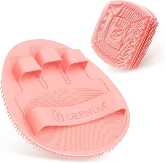 Soft Silicone Bath Glove & Face Scrubber Set 2PCS, 360° Anti-Slip & Hand-fit Body Scrubber for Rich Foaming Deep Cleaning, Unique Facial Scrubber with Side-bristles for Contoured Areas.(Pink)