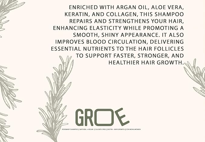 GROE ROSEMARY Anti-Thinning Biotin Hair Growth Shampoo (16.6oz) Natural & Vegan, Sulfate-Free, CLINICALLY TESTED Effective Results, Women & Men