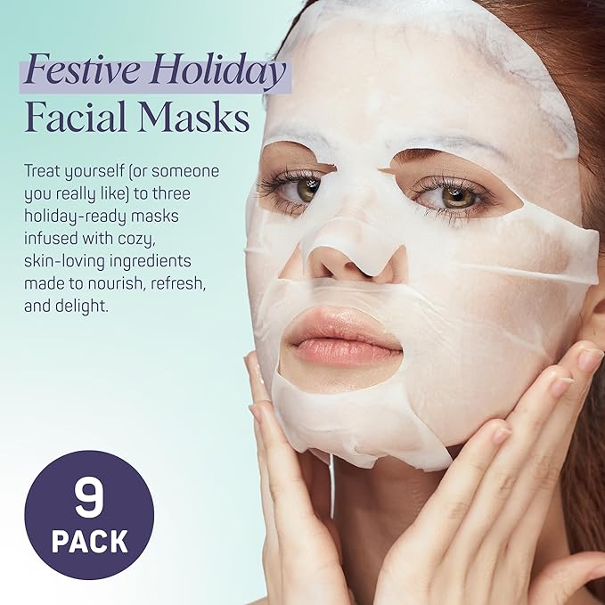 SpaLife Beauty Holiday Gift Tags Christmas Face Mask Bundle | Korean Facial Masks | Hydrating, Tone Evening, Refreshing Christmas Sheet Mask Set | Christmas Gifts for Women | 9 Pack