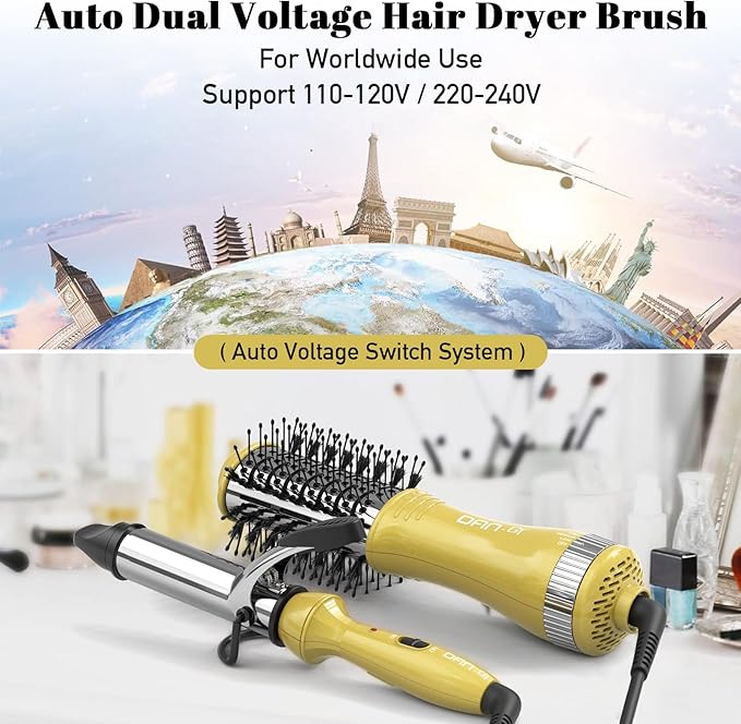 DAN Technology Hair Dryer Brush & Mini Curling Wand Set - 1 Inch Travel Set with 3 Temperature Settings - Hot Air Brush for Drying, Styling, Curling, and Volumizing