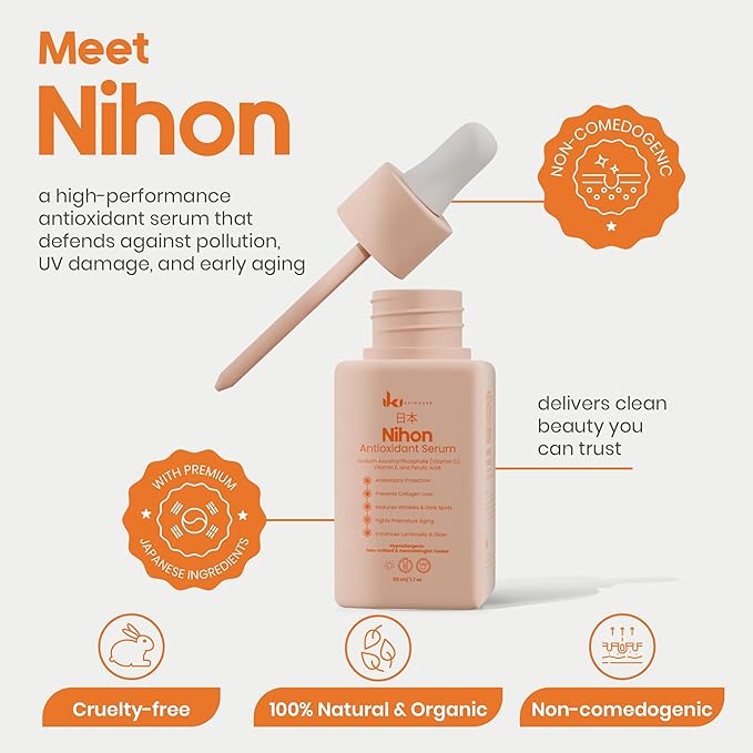 IKI Nihon Antioxidant Kojic Acid Serum - Kojic Acid + Ferulic Acid & Vitamin E and Vitamin C Serum for Face - Brightens, Evens Tone & Protects - Clean, Fragrance-Free, Cruelty-Free - 30ml