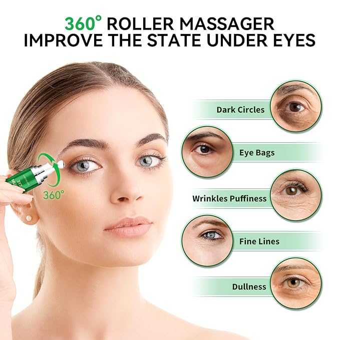 Eye Serum with 5% Caffeine & 5% Retinol for Dark Circles, Puffiness Puffy Bags & Wrinkles Fine Lines - Under Eye Roller Cream Anti Aging Treatment with 360° Massage Ball for Men and Women