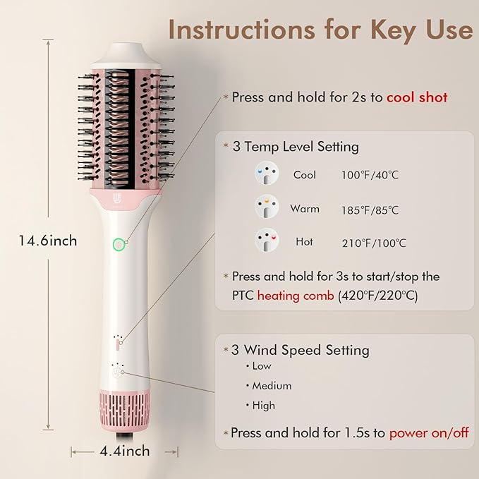 2-in-1 Blow Dryer Brush & Hair Straightener, Ionic & Ceramic Thermal Brush with Adjustable Heat & Cool Shot, 110000 RPM Motor High-Speed Motor for Frizz-Free, Smooth & Voluminous Hair, White with Comb