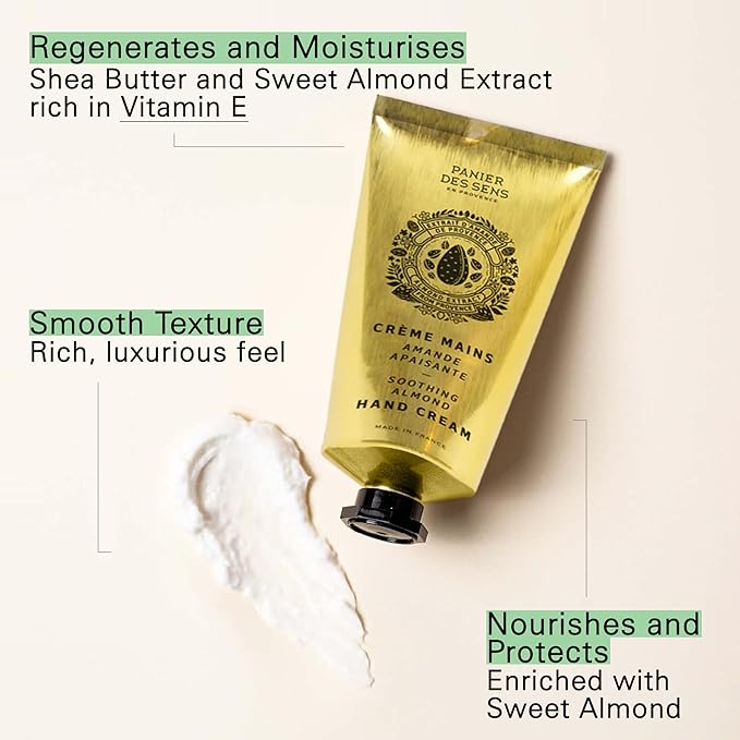 Panier des Sens Almond Hand Cream - Nourishing Shea Butter Hand Cream for Dry Cracked Hands 97% Natural Ingredients - Dermatologically Tested Hand Lotion for Woman Made in France, 2.5 fl oz