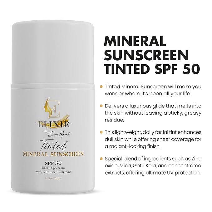 Elixir by Coco March Broad Spectrum Mineral Tinted Sunscreen SPF 50 Water-Resistant-80 min, Hydrates and Enhances Skin, Adults and Children- 2.1 oz 59 g