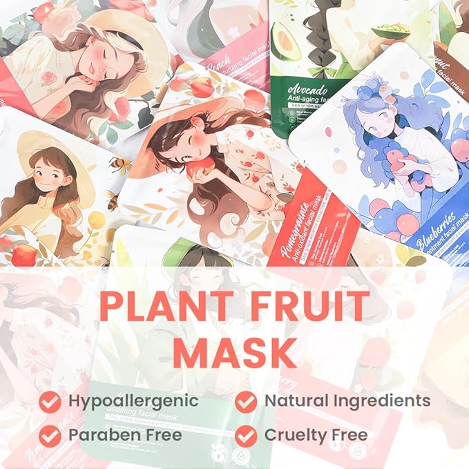 Girl Character Sheet Masks,Spa Party Facial Mask Skincare Set, Sheet Masks Skin Care, Moisturize Brighten Soothe for All Skin Types, Christmas Birthday Gifts for Women Men Girls, (12Pcs-SET2)