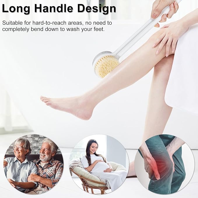Pumice Stone for Feet and Shower Brush with Long Handle, 4Pcs Hard Skin Callus Remover, 2 in 1 Foot Scrubber Brush, Back Scrubber Body Brush for Shower Deep Cleansing and Exfoliating, Straight