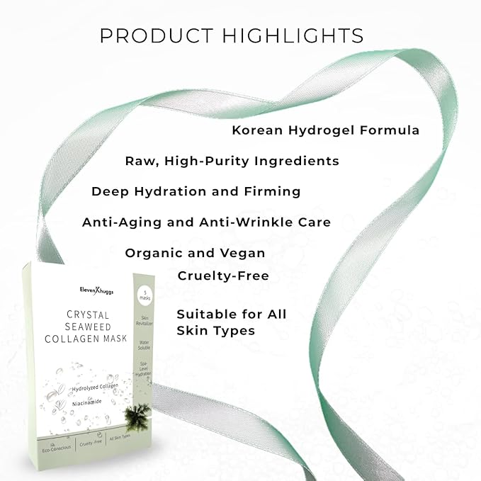 Crystal Seaweed Bio-Collagen Sheet Mask – Hydrating, Brightening & Firming Face Masks with Niacinamide, Korean Skincare Formula (5 Pack)