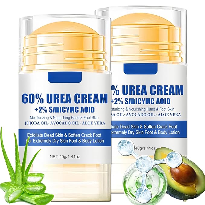 Urea Cream 60 Percent for Feet Maximum Strength, 2 Pack Foot Stick for Cracked Heels and Dry Skin, Softening Calluses with Shea Butter Aloe Jojoba Oil, Heel Repair Stick Balm for Men & Women, 40g Each