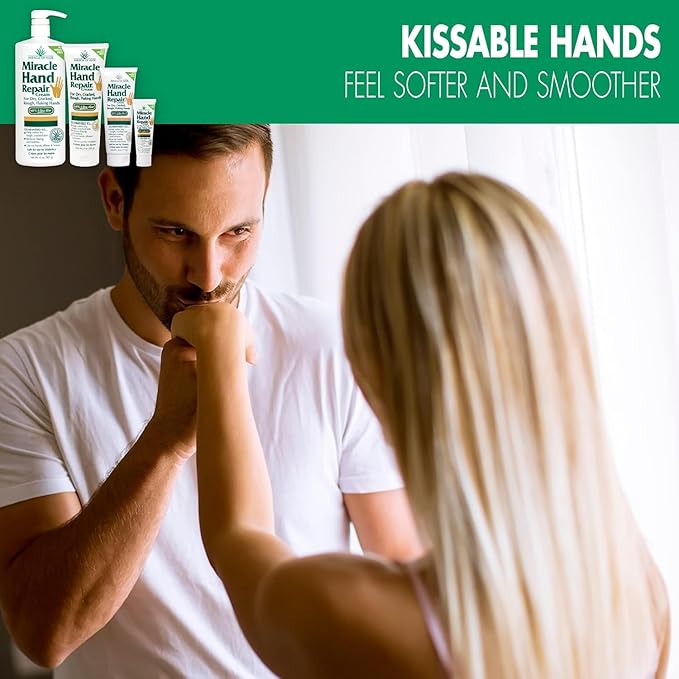 Miracle Hand Repair Cream for Dry Cracked Hands (8 oz & 1 oz) Best Healing Hand Cream with 60% Aloe Vera - Non-Greasy Moisturizer for Working Hands - Fast Absorbing Lotion for Extremely Dry Skin