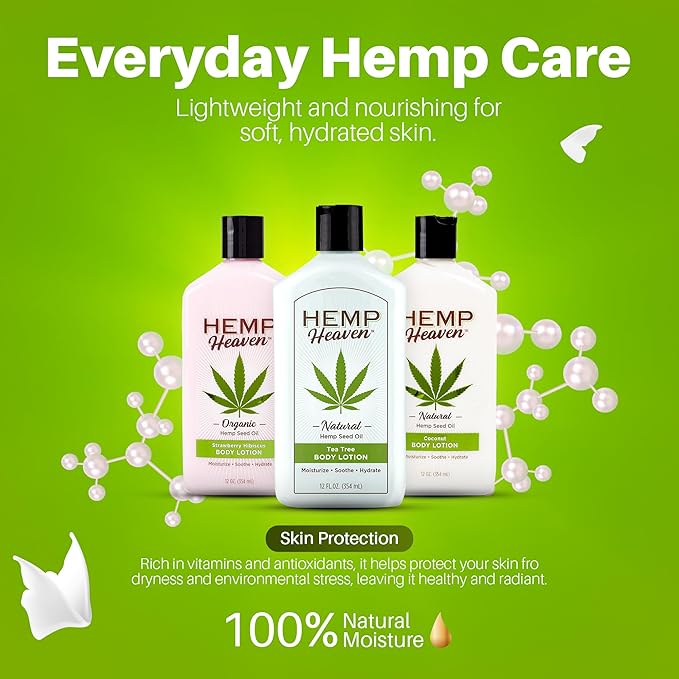 Hemp Heaven Hemp Lotion -Lotion Tea Tree Scent - Natural Hemp Seed Oil, Paraben-Free, 12 oz, Made in USA, Nourishing for Men & Women, EWG Verified, Anti-Aging