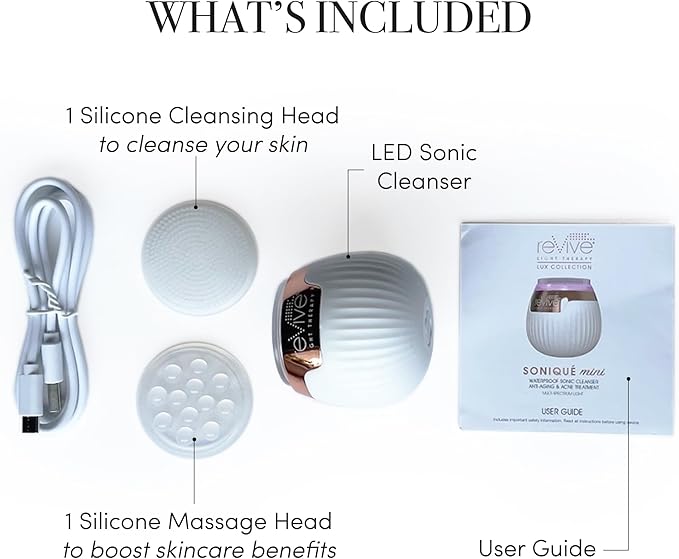 Revive Light Therapy Lux Collection Soniqué Mini, Rechargeable Sonic Face Cleanser Brush with Medical-Grade Blue & Red Light Therapy for Face, Acne & Wrinkle Care, Water-Resistant