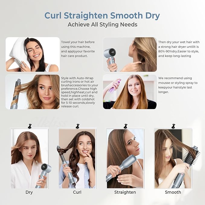 Hair Dryer Brush, 5 in 1 Blow Dryer Brush Set, High Speed Hot Air Styler, Auto Wrap Curlers for Frizz-Free Volume, Smooth Hair&No Heat Damage Hair Styling Tools Gift for Drying Curling Straightening