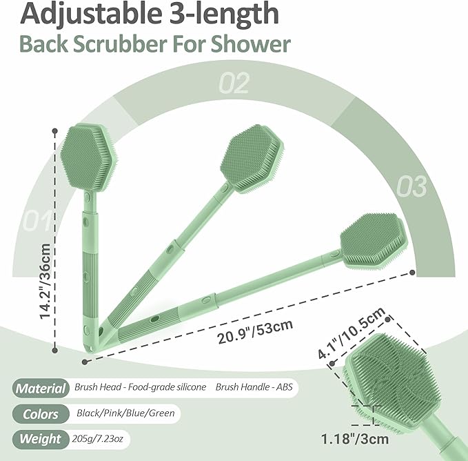 Silicone Back Scrubber for Shower, 16''-21''Extendable Shower Back Scrubber with Dual-Side Large Brush Head, 3-Length Back Brush Bath Brush with Strong Handle & Rich Foaming Bristles(Green)