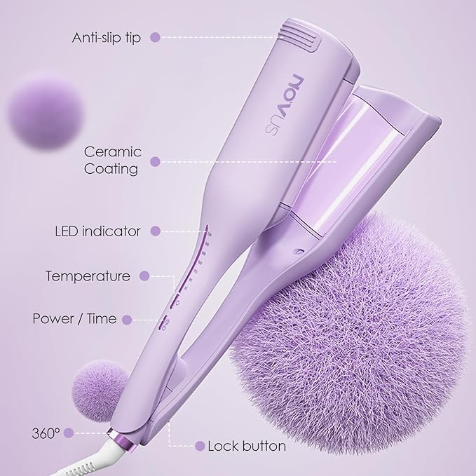 NOVUS Curling Iron Hair Crimper Waver - 1.4 Inch Anti-Scald Waves Curling Wand, Ionic Deep Waver Hair Curler Tool with Ceramic 2 Barrel for All Hair Types, Auto Shutdown Protection