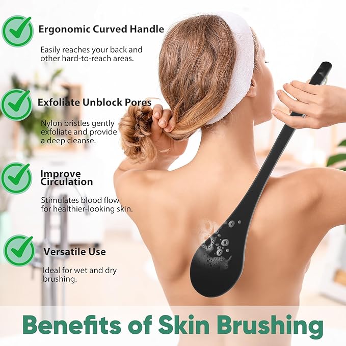 Back Scrubber for Shower, 17-Inch Shower Brush for Men and Women, Long Handle Exfoliating Body Brush, Medium Bristle Stiffness for Dry or Wet Brushing (Black)