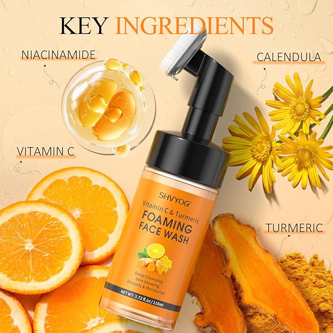 SHVYOG Vitamin C Turmeric Face Wash, Turmeric Foaming Facial Cleanser for Dark Spot, Uneven Skin Tone, Skin Cleansing, Moisturizing, Exfoliating Facial Cleanser with Brush,Unisex