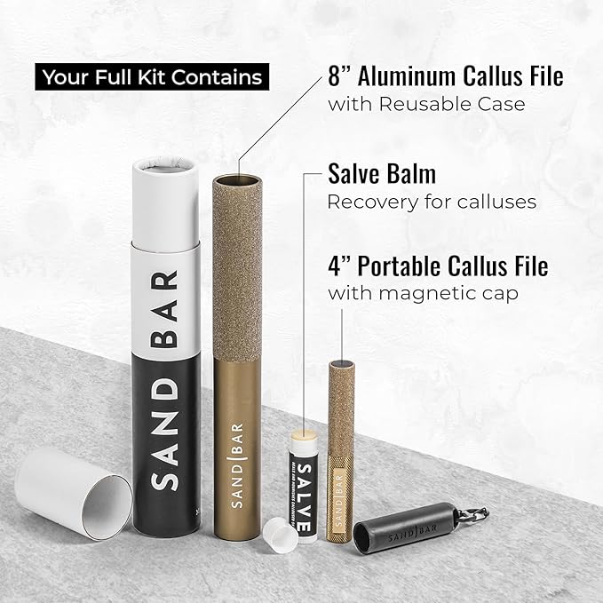 SandBar Ultimate Callus Remover Set - 4" & 8" Files with Moisturizing Salve Balm Stick - Elevating Athletes, Weightlifters & Rock Climbers for Smoother Hands & Feet - Gold (Black) (Gold Bundle)