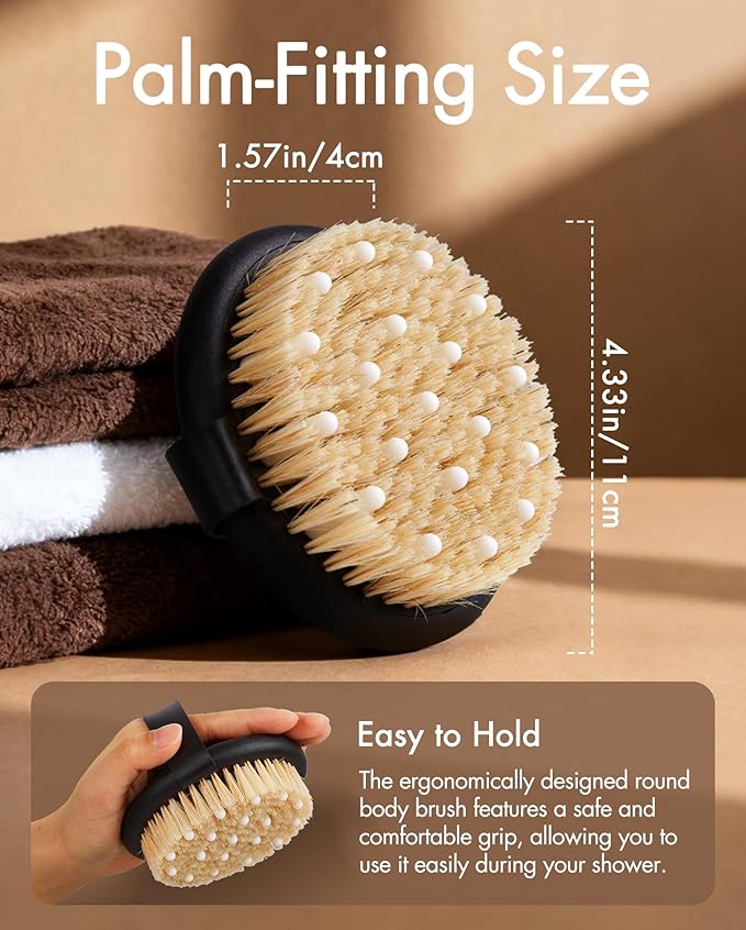 Dry Brushing Body Brush for Massage - Natural Boar Bristle Exfoliating Brush with Massage Nodes for Lymphatic Drainage, Cellulite, Blood Circulation Improving Skin Health for Women Men Elderly(Black)
