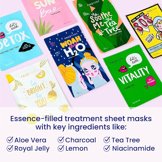 FACETORY K Beauty Face Mask Skin Care - BEST OF 7 COLLECTION Sheet Mask Set (21 pc) | Natural Premium Korean Face Mask For All Skin Types - No Sulfates No Parabens