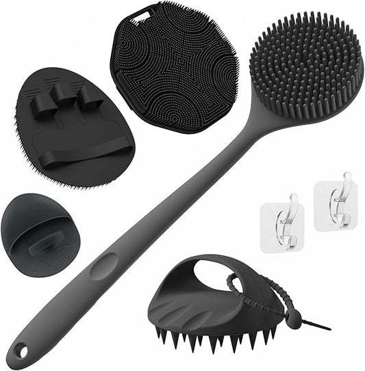 Manmihealth Silicone Back Scrubber & Soft Bath Glove, Silicone Scalp Massager Set 5 PCS, Super-Exfoliating Body Scrubber Shower Brush & Shampoo Brush Combination, with 2 Free Hooks (Style 2 Black)