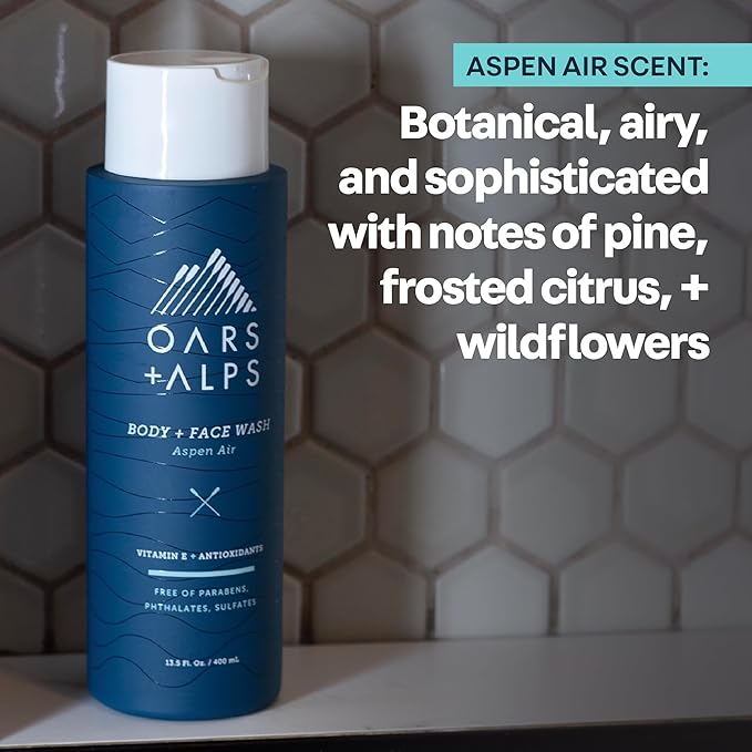 Oars + Alps Body and Face Wash for Men, Mens Body Wash & Face Cleanser with Vitamin E and Antioxidants, Moisturizing, Hydrating, Paraben & Sulfate Free Cleanser, Aspen Air, 3pk