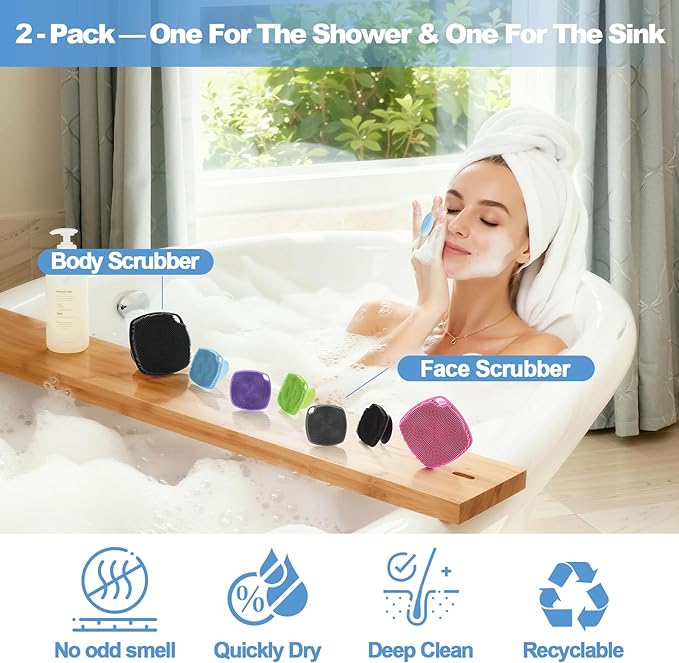 2 Pack Face Scrubbers, Silicone Face Scrubber Soft Bristles, Gentle Lather, Exfoliating & Deep Cleaning for Sensitive Skin, Giant Suction Cup Stick Securely, Easy to Store (Pink + Blue)