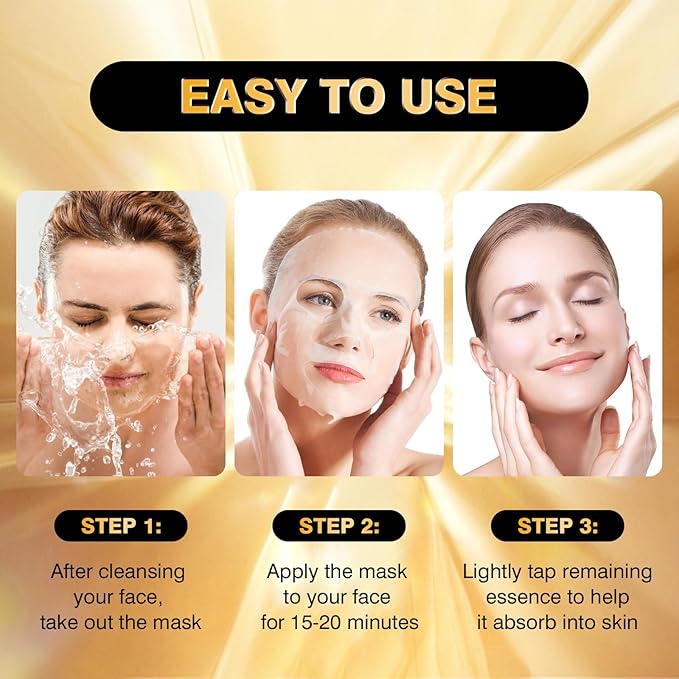 24K Gold Facial Mask for Women,Hydrating Face Mask Sheet Home SPA,Moisturizing Face Sheet Mask for Dry,Oily,Sensitive Skin 25ml（5Pack）
