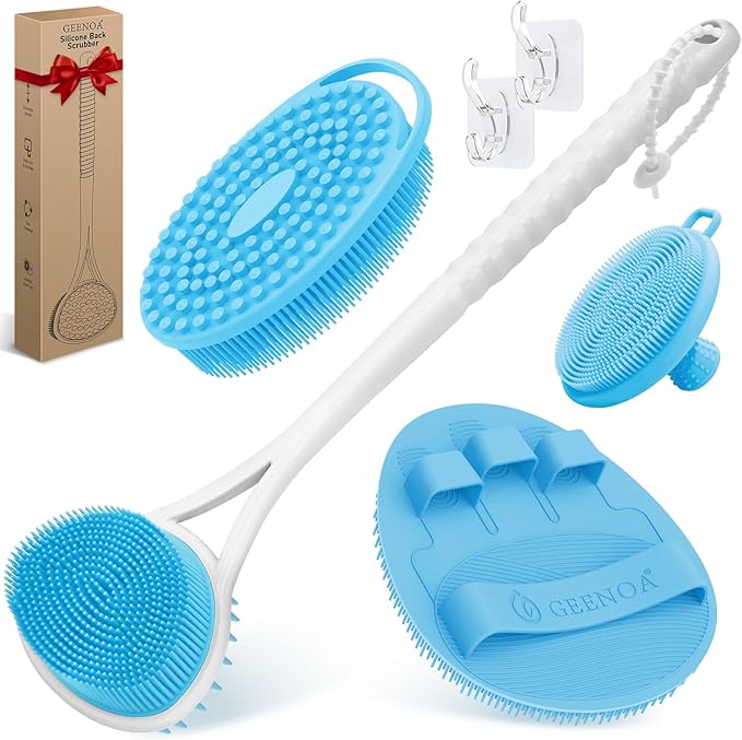 Silicone Back Body Face Scrubbers Set 4PCS, 15.35’’ Back Scrubber Soft Body Scrubber for Dual-Side Usage, Easy-to-Hold Soft Bath Glove & Face Scrubber for Good Foaming Deep Cleaning(Blue)
