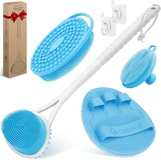 Silicone Back Body Face Scrubbers Set 4PCS, 15.35’’ Back Scrubber Soft Body Scrubber for Dual-Side Usage, Easy-to-Hold Soft Bath Glove & Face Scrubber for Good Foaming Deep Cleaning(Blue)
