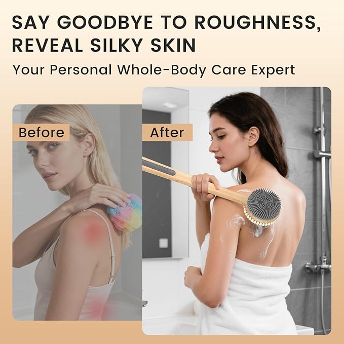 Back Scrubber for Shower - Double-Sided Silicone and Super-Dense Bristles for Deep Cleaning & Exfoliation, Bamboo Long Handle with Wider Anti-Slip Grip, Body Exfoliator for Wet or Dry Brushing