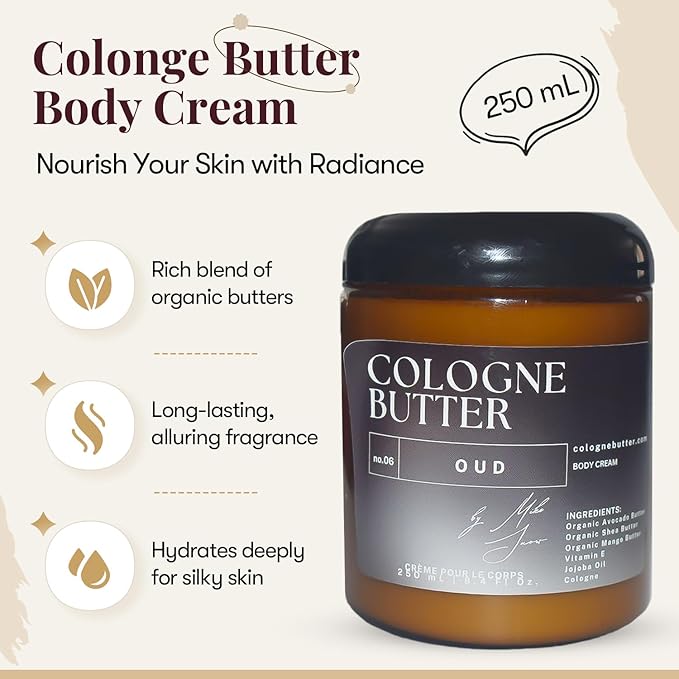 8.4 Fl. oz OUD | Nourishing Scented Body Butter for Men & Women | Hydrating & Long-Lasting Fragrance with Oud, Rose & Warm Woods | Amber Glass Jar