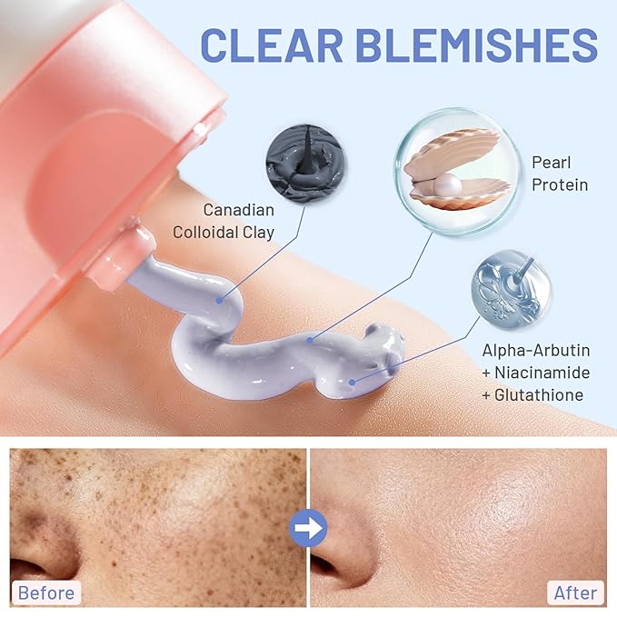 Deep Cleansing Blue Clay Mask for Face with Pearl Peptide, Radiance Mud Mask to Balance Oil and Moisture, Minimize Blackheads, Soothing Care Pore Cleansing Mask with Brush