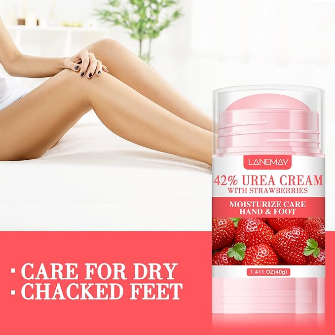 42% Urea Cream Moisturizer plus Strawberry for Dry Cracked Feet Knees Elbows Hands Hydrates & Nourish Foot Care for Softens Exfoliates Dead Skin Smoothing Skin, 1.41Oz
