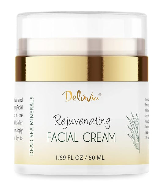 Deluvia Rejuvenating Facial Cream | Organic Aloe Vera, Coconut Oil, Vitamin C + E | Dead Sea Minerals | Daily Face Lotion for Dry Skin, Sensitive Skin