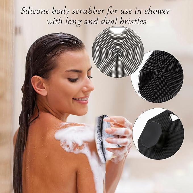 3Pack Silicone Body Scrubber, Qewro Body Buffer Exfoliating Brush with Silicone Loofah, Bath & Body Brushes for Men Women Kids Pets use in Shower, Scalp Exfoliator Hair Shampoo Skin Cleaning Brush