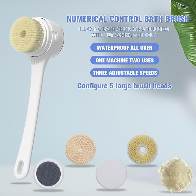 Electric Body Brush Back Scrubber - Waterproof Long Handle 5-in-1 Rechargeable Bath Brush with 3 Speed Modes, Exfoliating & Massaging Shower Brush for Body (White)