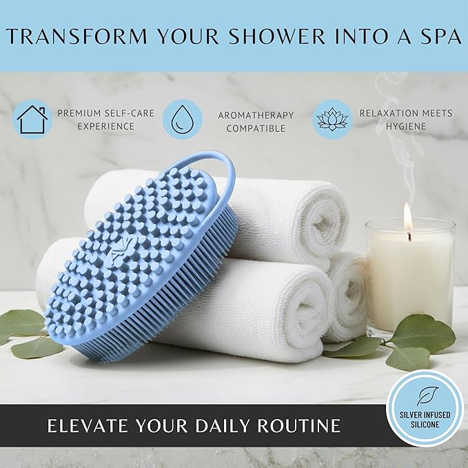Silver Infused Silicone Body Scrubber Shower - Gentle Back Scrubber Soft Bristles - Avilana Premium Dual Sided Bath Brush Massage - Advanced Material Loofah Alternative - Gift Women Men