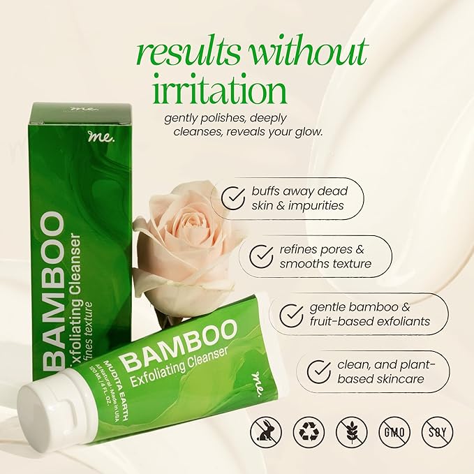 Mudita Earth Bamboo Microdermabrasion Facial Scrub – 4oz | Dermatologist-Tested Exfoliator Cleanser for Face & Body, Acne & Blackheads | Shea Butter & Lactic Acid - Vegan, Fragrance-Free, Sulfate-Free