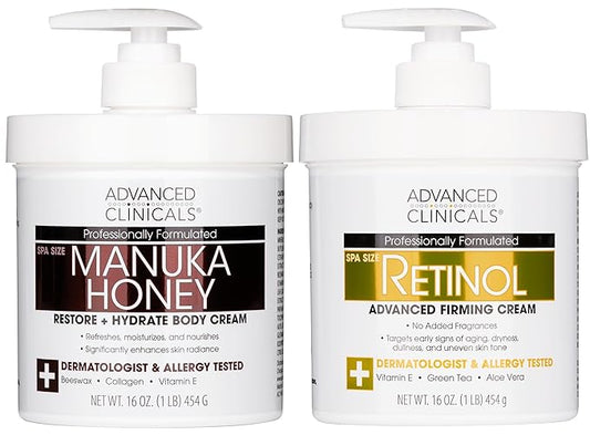 Advanced Clinicals Unscented Retinol Body Lotion & Face Moisturizer + Manuka Honey Body Cream For Women & Men | 2PC Skincare Set Helps Reduce Appearance Of Crepey Skin + Extremely Dry Skin, 2pc Set