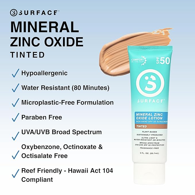 Surface Mineral Sunscreen Lotion SPF 50, Lightweight Non-Nano Zinc Oxide Formula, Reef Friendly, Broad Spectrum UVA UVB Protection, Water Resistant Sun Care for 80 Minutes Outdoor Use, Tinted, 3oz