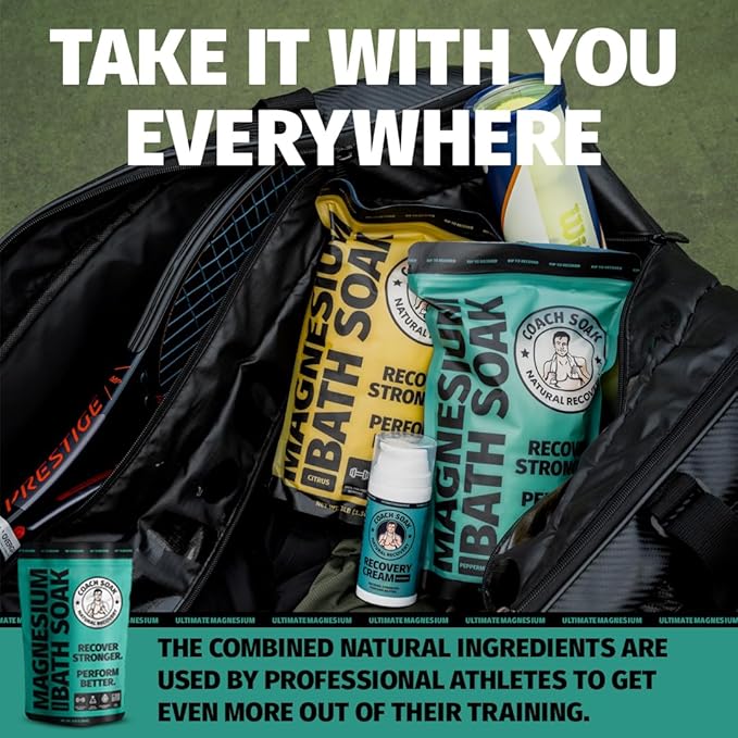 Coach Soak Recovery Bath Soak - Alternative to Epsom Salt Bath Soak - Fast-Absorbing Pure Magnesium Flakes with 21 Minerals, Bath Salts & Essential Oils - 9 lb (3 Pack) - Cooling Peppermint