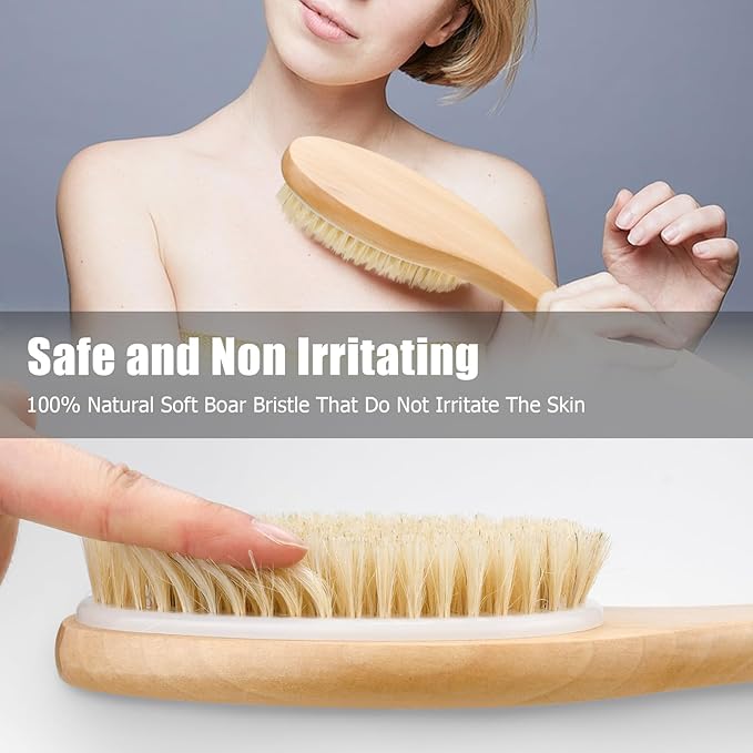 Dry Brushing Body Brush, 100% Natural Boar Bristle Beauty Body Dry Brush Brushing, with Contoured Wooden, Ergonomic Handle, Easy to Clean for Back Legs Feet Exfoliates Dead Skin