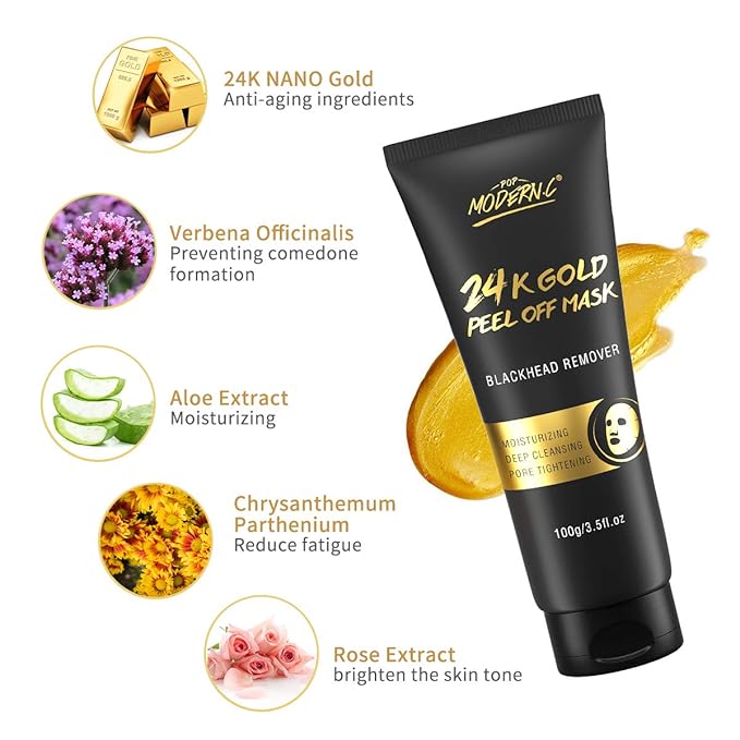 Blackhead Remover Mask, 24K Gold Peel Off Mask, Gold Facial Mask Anti-Aging, Deep Cleansing, Reduces Fine Lines＆ Wrinkles Great for All Skin, With Blackhead Remover Extractor Tools Kit & Brush