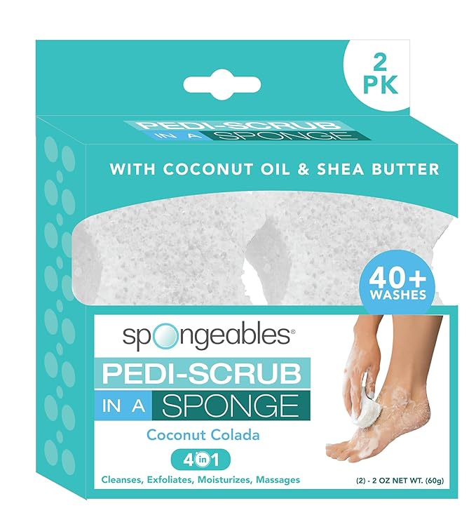 Spongables Pedi Scrub Foot Exfoliating 5+ Wash Travel Sponge, Coconut Colada, 2 Count